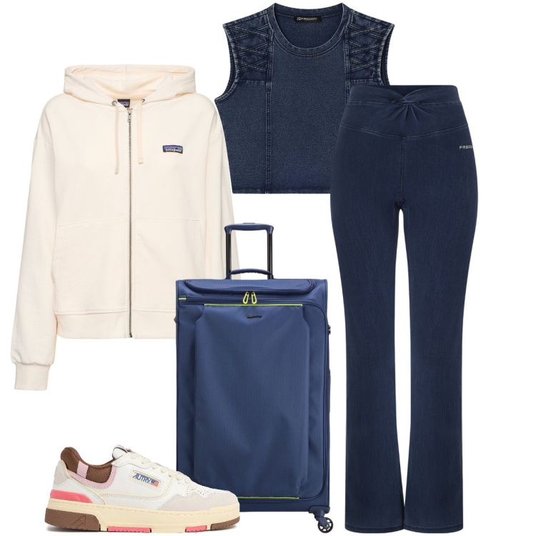 Outfit donna - In viaggio. Stile Sporty chic per Tutti i giorni. Abbinamento con top, jeggings, sneakers, felpe con cappuccio, valigie.