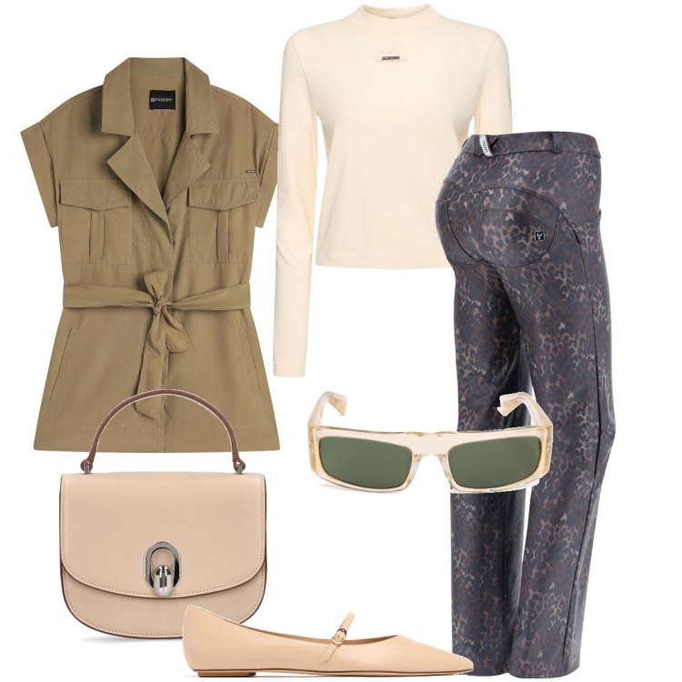 Outfit donna - I leggins animalier. Stile Trendy per Tutti i giorni. Abbinamento con pantaloni, trench, occhiali da sole, borse a mano, t-shirt, ballerine.
