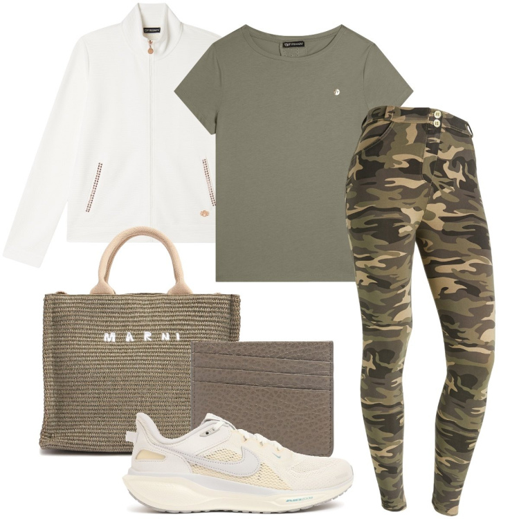 Outfit donna - I leggins militari. Stile Sporty chic per Tutti i giorni. Abbinamento con felpe, pantaloni skinny, t-shirt, shopping bag, portafogli, sneakers.