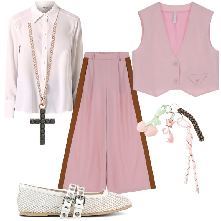 Outfit donna - Pasqua in rosa. Stile Trendy per Tutti i giorni. Abbinamento con collane, camicie, gilet, pantaloni, portachiavi, ballerine.