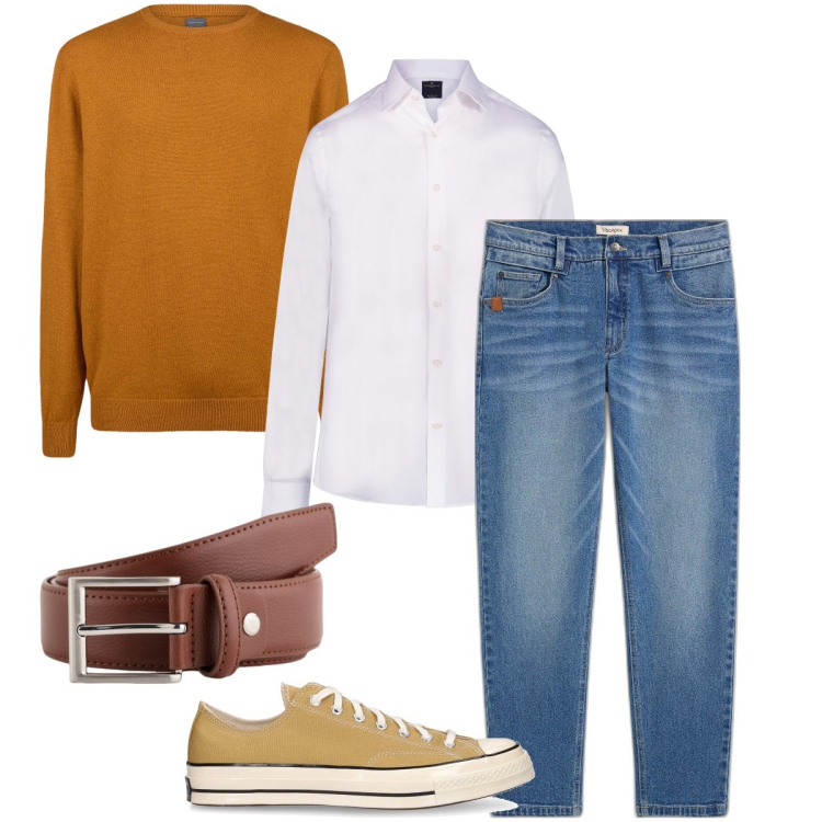 Outfit uomo - Il maglioncino a girocollo. Stile Urban per Ufficio. Abbinamento con jeans, camicie, maglieria, sneakers, cinture.