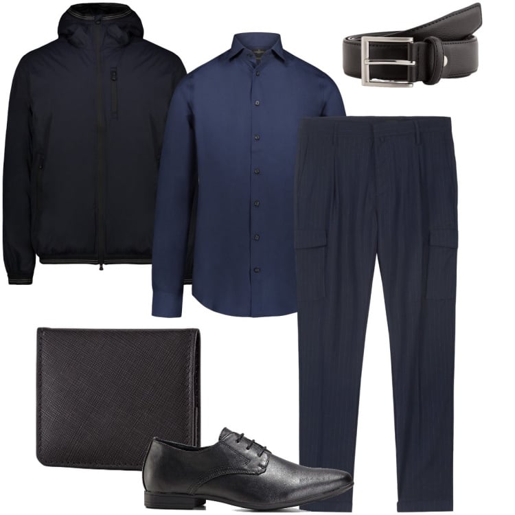 Outfit uomo - Tonalità scure. Stile Business/Elegante per Serata speciale. Abbinamento con scarpe stringate, giacche, pantaloni cargo, camicie, portamonete, cinture.