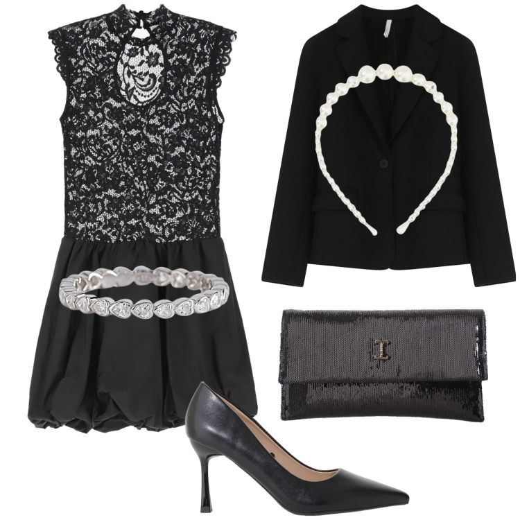 Outfit donna - Party!. Stile Glamour per Ufficio. Abbinamento con anelli, décolleté, borse a tracolla, vestiti corti, blazer, cerchietti.