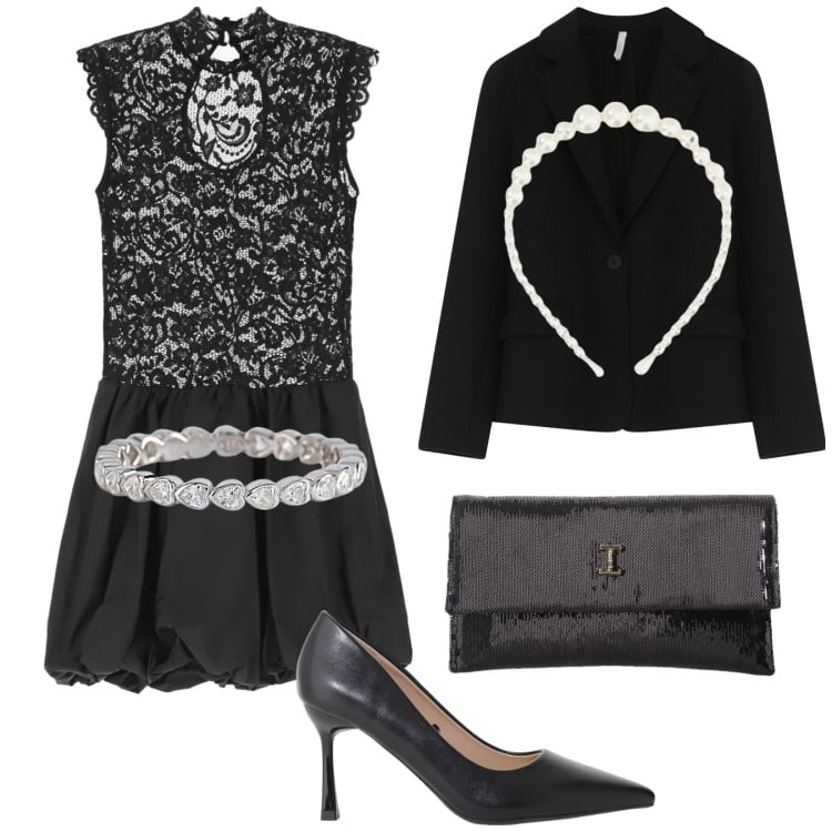 Outfit donna - Party!. Stile Glamour per Ufficio. Abbinamento con anelli, vestiti corti, décolleté, borse a tracolla, blazer, cerchietti.
