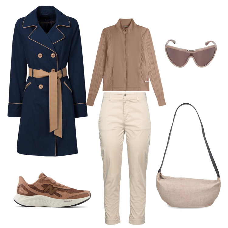 Outfit donna - Trench & Sneakers. Stile Casual Abbinamento con trench, pantaloni, sneakers, felpe, borse a spalla, occhiali da sole.