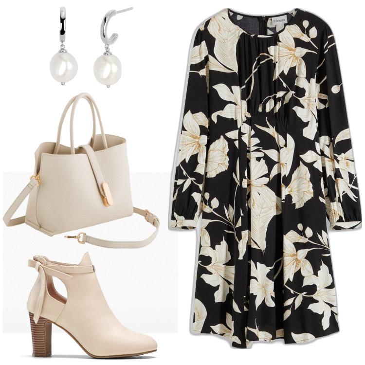 Outfit donna - Fiori bianchi. Stile Casual per Tutti i giorni. Abbinamento con stivaletti, vestiti, orecchini, borse a mano.
