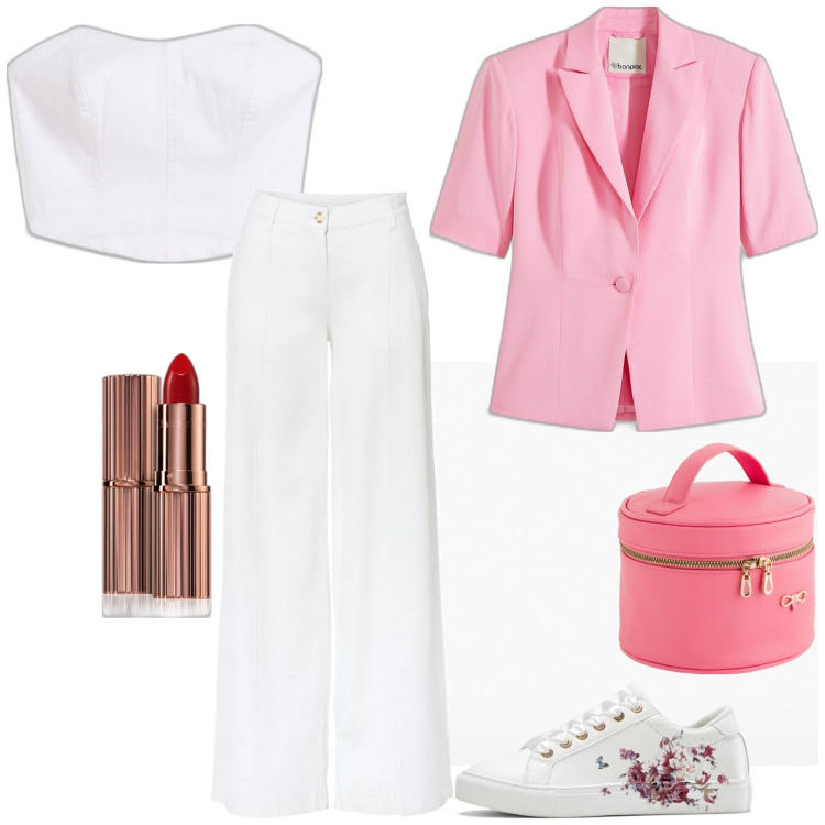 Outfit donna - Total look #2096133. Stile Casual per Ufficio. Abbinamento con pantaloni a palazzo, blazer, sneakers, top, rossetti, portafogli.