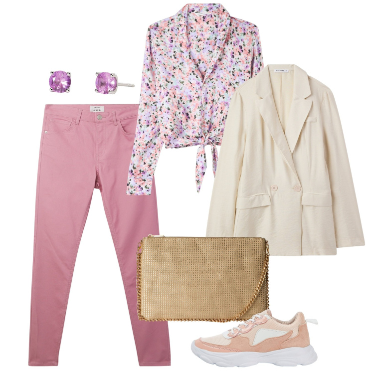 Outfit donna - Rosa Pastello - Leggero, sognante e vers. Stile Basic per Tutti i giorni. Abbinamento con blazer, borse a tracolla, sneakers, pantaloni, camicie, orecchini.