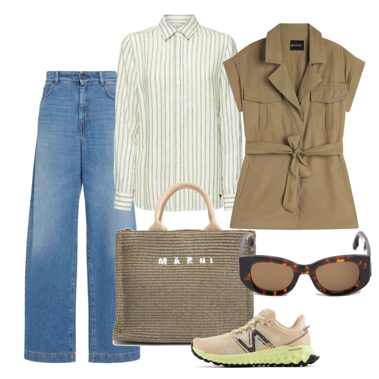 Outfit donna - La sahariana smanicata. Stile Casual per Tutti i giorni. Abbinamento con sneakers, trench, shopping bag, jeans, occhiali da sole, camicie.