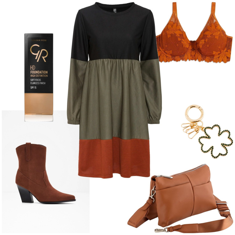 Outfit donna - Total look #2096147. Stile Etnico per Ufficio. Abbinamento con vestiti corti, stivaletti texani, reggiseni, fondotinta, borse a tracolla, portachiavi.