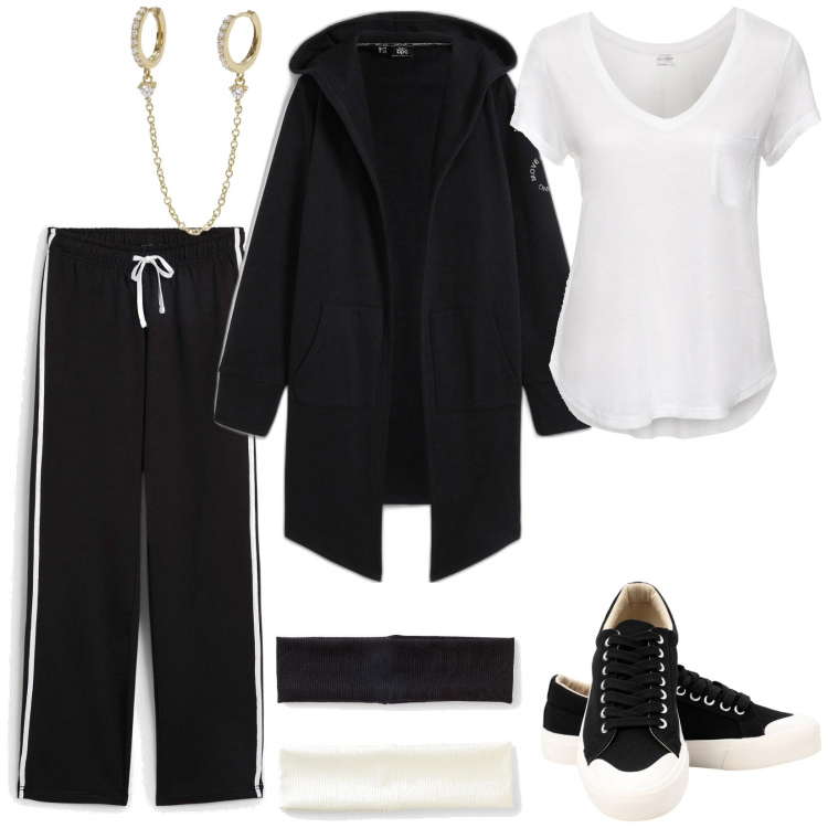 Outfit donna - Total look #2096149. Stile Basic per Tutti i giorni. Abbinamento con blazer, pantaloni sportivi, t-shirt, fasce per capelli, orecchini, sneakers.