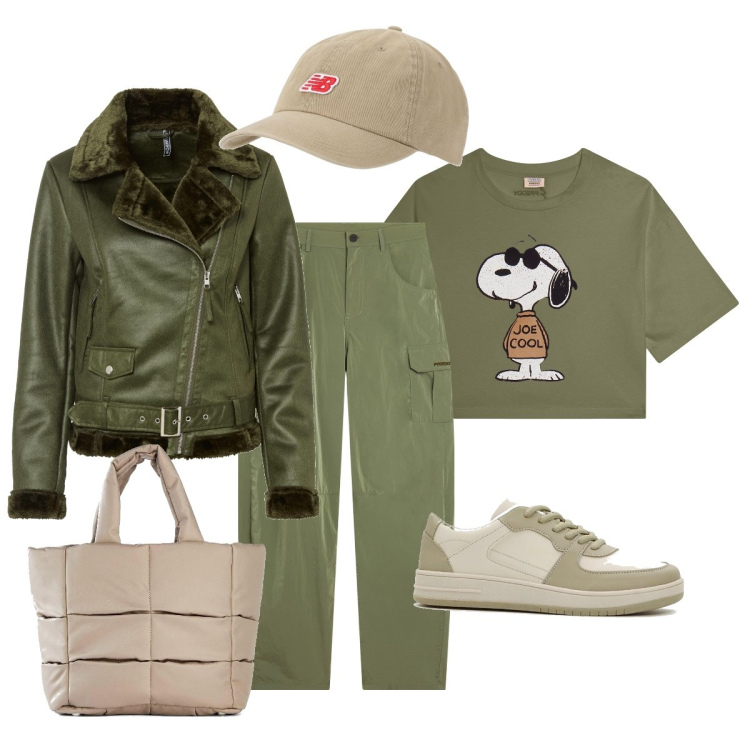 Outfit donna - Voglia di verde…. Stile Sporty chic per Tutti i giorni. Abbinamento con sneakers, blazer, borse a mano, cappelli, pantaloni cargo, t-shirt.