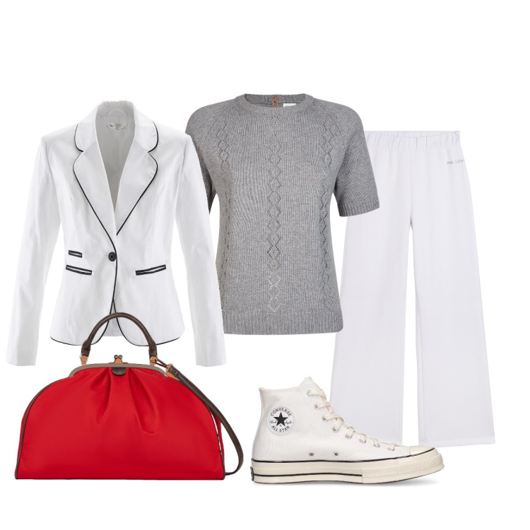 Outfit donna - La borsa rossa. Stile Sporty chic per Tutti i giorni. Abbinamento con blazer, pantaloni, maglieria, sneakers, borse a spalla.