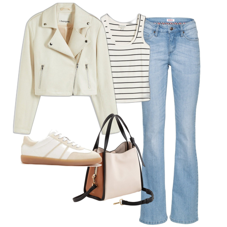 Outfit donna - City. Stile Casual per Tutti i giorni. Abbinamento con jeans bootcut, canottiere, sneakers, blazer, borse a mano.