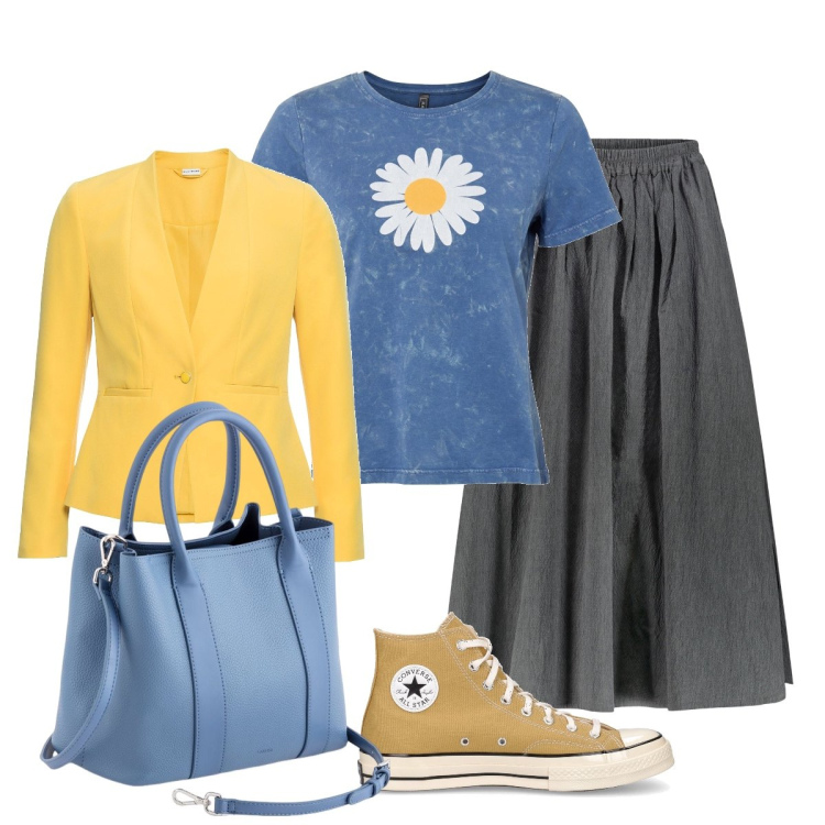 Outfit donna - Gioco di abbinamenti. Stile Casual chic per Ufficio. Abbinamento con t-shirt, blazer, gonne, sneakers, borse a mano.