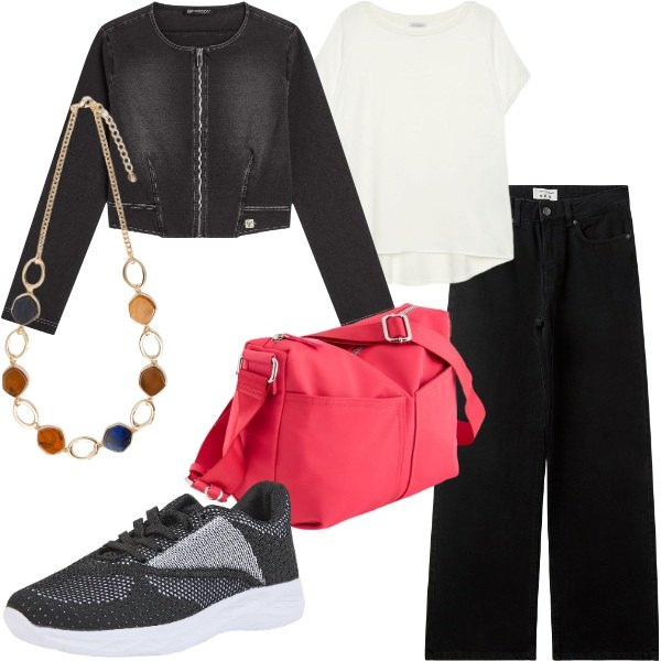 Outfit donna - Il denim 2025. Stile Casual chic per Serata fuori. Abbinamento con sneakers, jeans, blazer, borse a tracolla, bluse, collane.