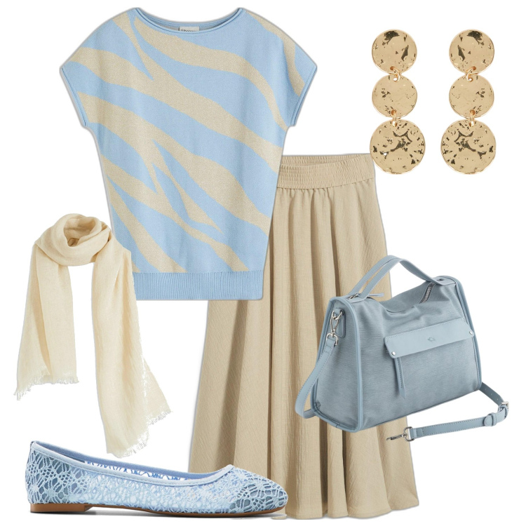 Outfit donna - Celeste e beige. Stile Bon Ton per Ufficio. Abbinamento con gonne longuette, maglieria, ballerine, sciarpe, borse a mano, orecchini.