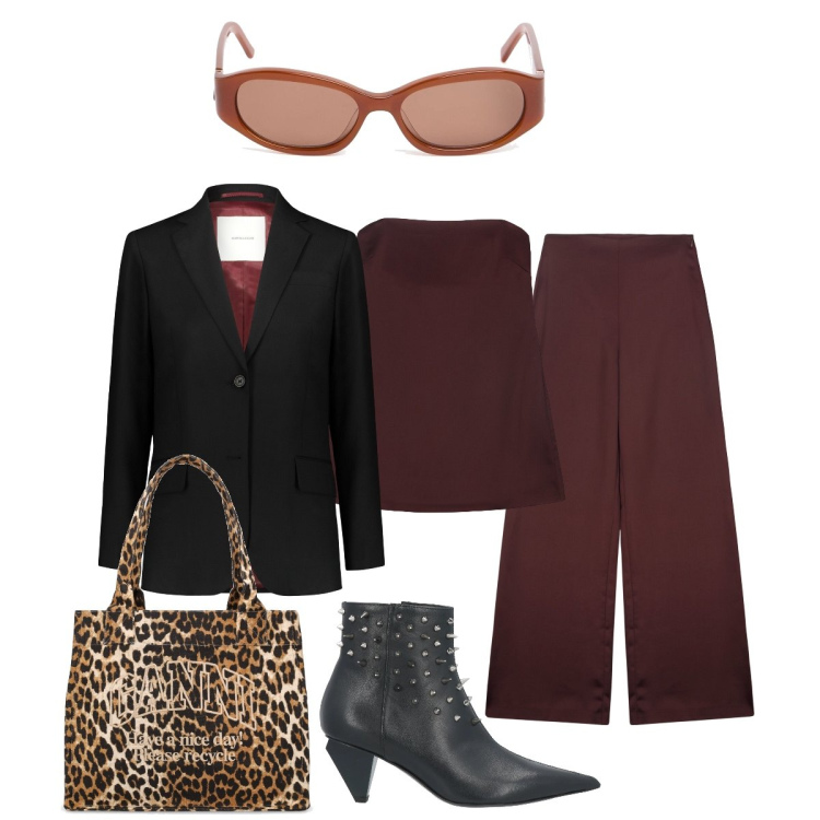 Outfit donna - In città. Stile Minimal per Tutti i giorni. Abbinamento con stivaletti, top, blazer, pantaloni a palazzo, shopping bag, occhiali da sole.