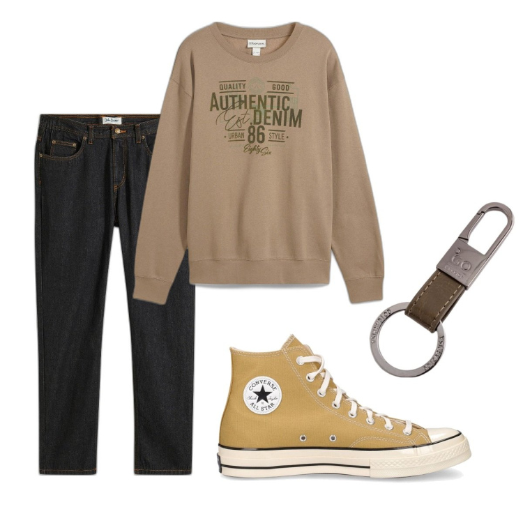 Outfit uomo - Total look #2096252. Stile Casual per Tutti i giorni. Abbinamento con jeans dritti, felpe, sneakers, portachiavi.