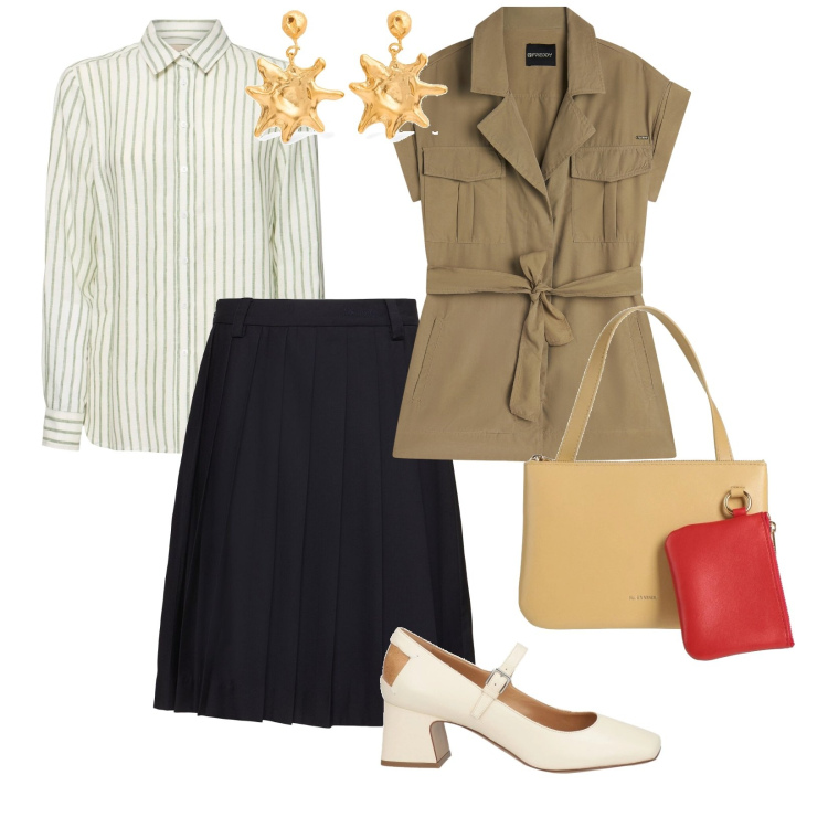 Outfit donna - A lavoro di lunedì. per Ufficio. Abbinamento con décolleté, borse a mano, trench, orecchini, gonne longuette, camicie.