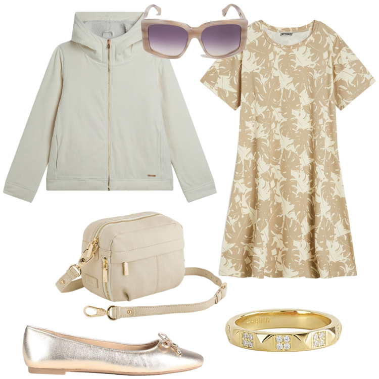 Outfit donna - Total look #2096294. Stile Sporty chic per Ufficio. Abbinamento con ballerine, anelli, blazer, vestiti, occhiali da sole, borse a tracolla.