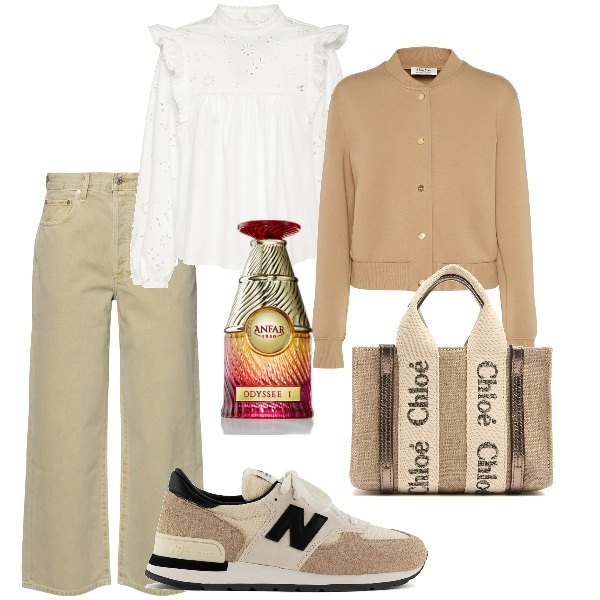 Outfit donna - A spasso per la città. Stile Casual chic per Tutti i giorni. Abbinamento con profumi, sneakers, borse a mano, jeans, camicie, blazer.