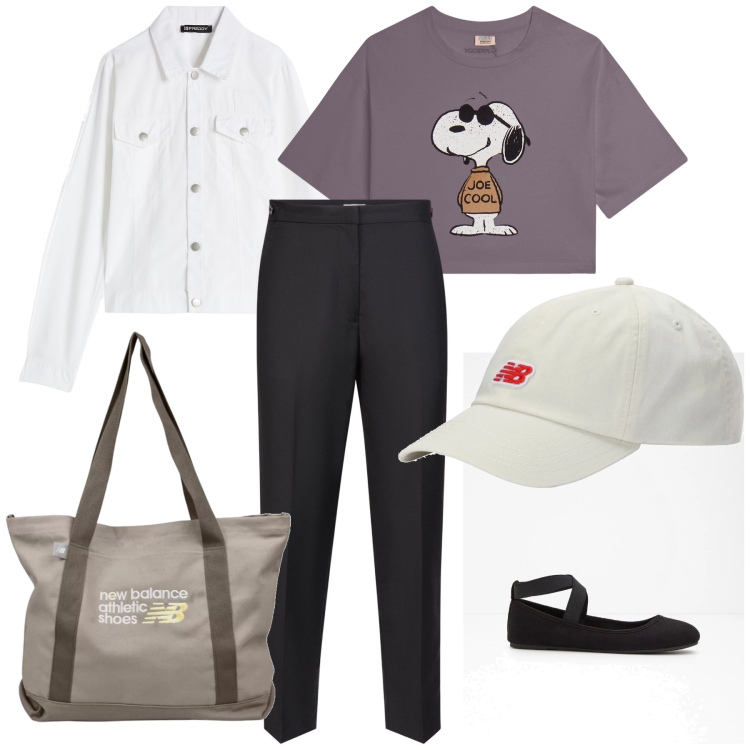 Outfit donna - A spasso a fine marzo. Stile Casual per Tutti i giorni. Abbinamento con ballerine, shopping bag, cappelli, blazer, t-shirt, pantaloni.
