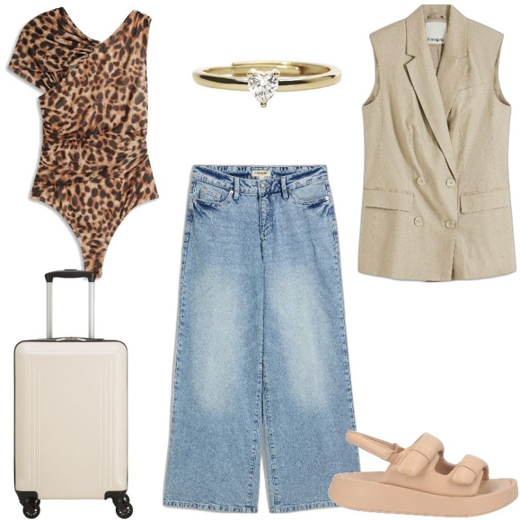 Outfit donna - Total look #2096343. Stile Basic per Tutti i giorni. Abbinamento con sandali in pelle, jeans, gilet, body, anelli, valigie.