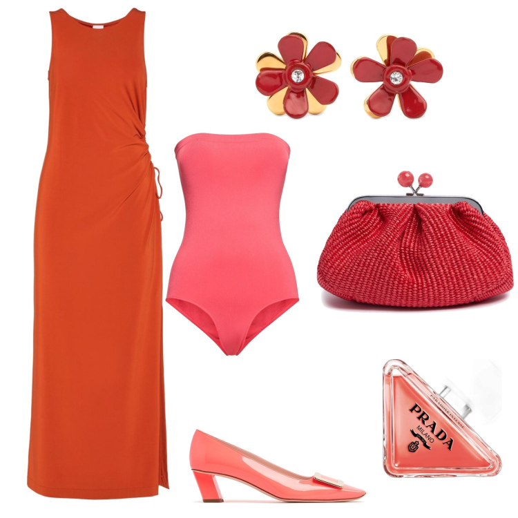 Outfit donna - Le stesse sfumature. Stile Bon Ton per Cerimonia. Abbinamento con profumi, pochette, vestiti midi/longuette, body, orecchini, décolleté.