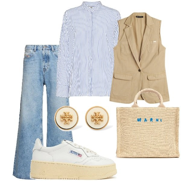 Outfit donna - Aspettando la primavera. Stile Trendy per Tutti i giorni. Abbinamento con gilet, jeans, orecchini, camicie, shopping bag, sneakers.