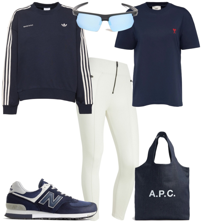 Outfit donna - Total look #2096363. Stile Sporty chic per Tutti i giorni. Abbinamento con sneakers, pantaloni skinny, occhiali da sole, shopping bag, felpe, t-shirt.