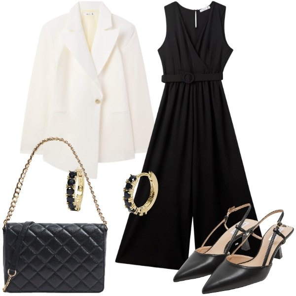 Outfit donna - Must-Have di Stagione Completo Versatile. Stile Casual chic per Serata fuori. Abbinamento con tute, sabot, blazer, borse a tracolla, orecchini.