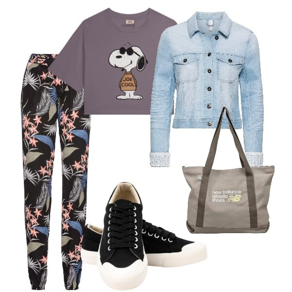 Outfit donna - A spasso per la città. Stile Basic per Tutti i giorni. Abbinamento con blazer, pantaloni, shopping bag, t-shirt, sneakers.