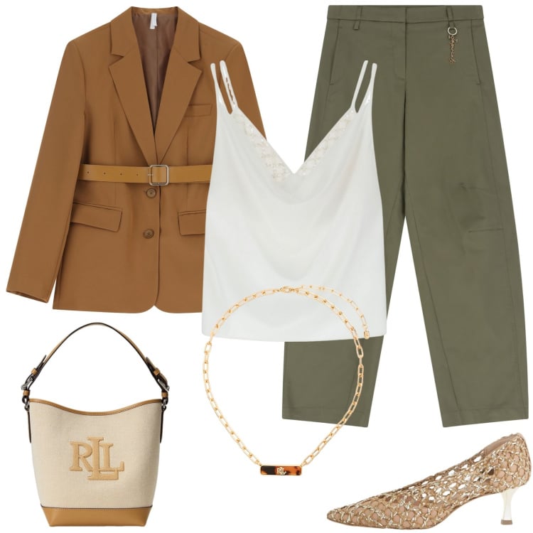 Outfit donna - Imperial Take Off. Stile Casual chic per Ufficio. Abbinamento con blazer, pantaloni, canottiere, décolleté, collane, borse a secchiello.
