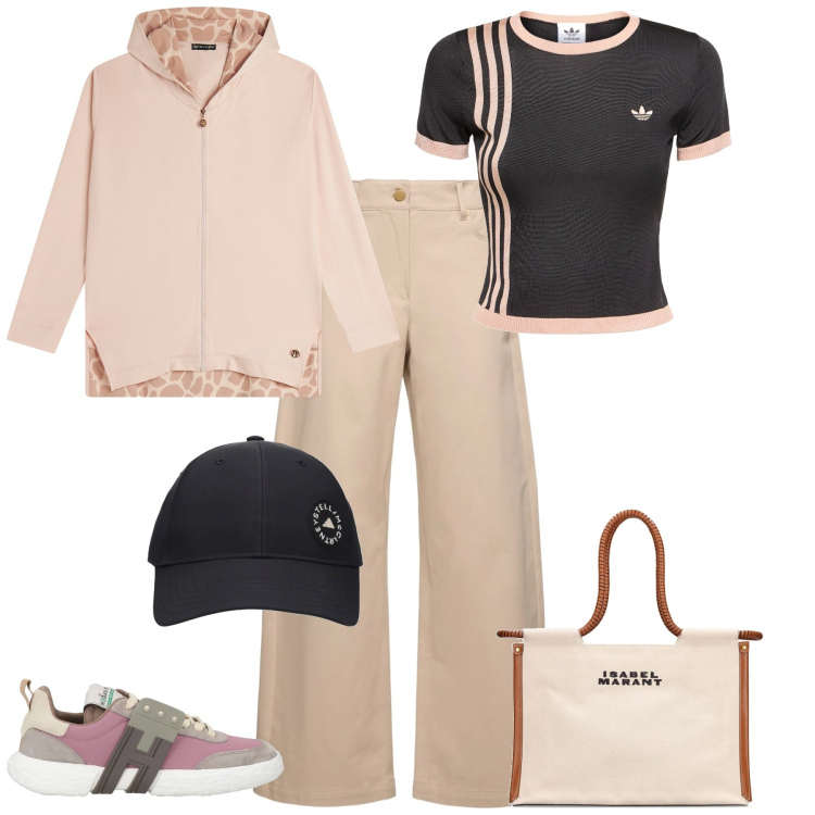 Outfit donna - Sporty in ufficio. Stile Sporty chic per Ufficio. Abbinamento con sneakers, felpe con cappuccio, shopping bag, cappelli, jeans, t-shirt.