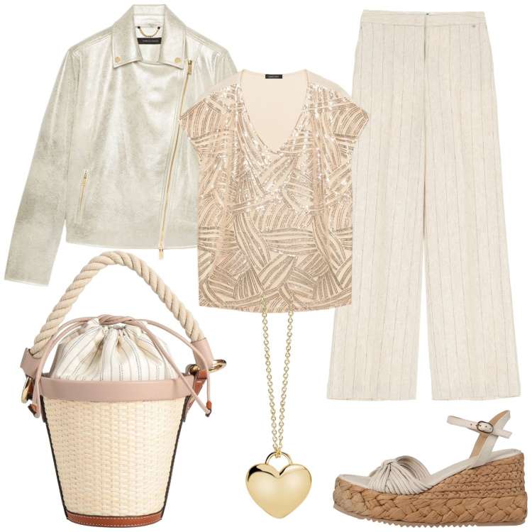 Outfit donna - I colori della rinascita. Stile Casual chic per Tutti i giorni. Abbinamento con espadrillas, borse a secchiello, collane, pantaloni a palazzo, t-shirt, blazer.