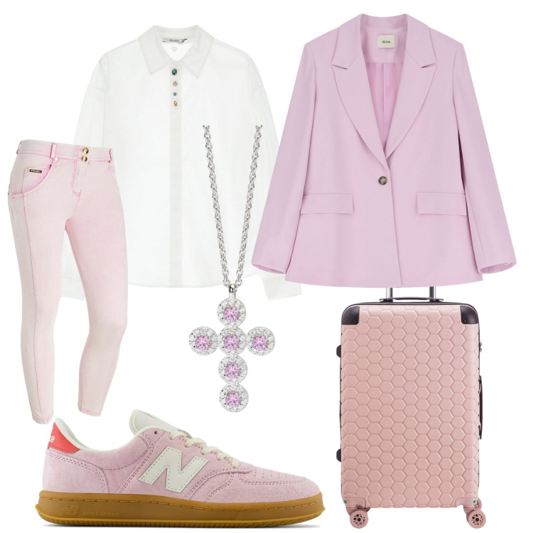 Outfit donna - Viaggio di primavera. Stile Casual chic per Tutti i giorni. Abbinamento con ciondoli, sneakers, camicie, jeans skinny, blazer, valigie.