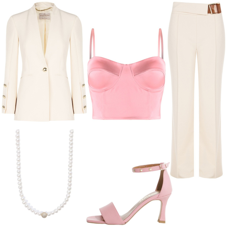 Outfit donna - Elegante in rosa e beige. Stile Glamour per Cerimonia. Abbinamento con pantaloni, canottiere, blazer, collane, sandali col tacco.
