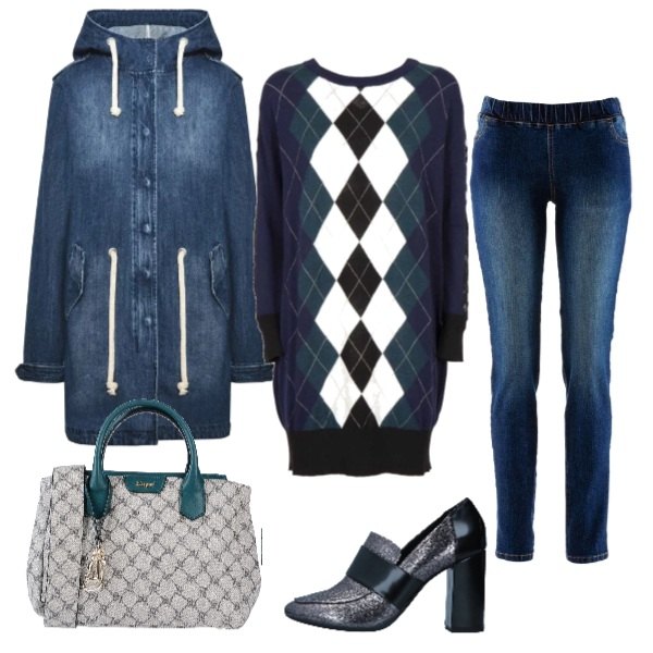 Outfit donna - Quadri e jeans a lezione. Stile Urban per Scuola/Università. Abbinamento con treggings, décolleté con cubano interno foderato con punta tonda tinta unita, borsa fantasia taglia media con zip interno foderato in pelle sintetica con tracolla removibile, giacca collo alto a maniche lunghe con zip in denim tinta unita, maglia maxi con pizzo.