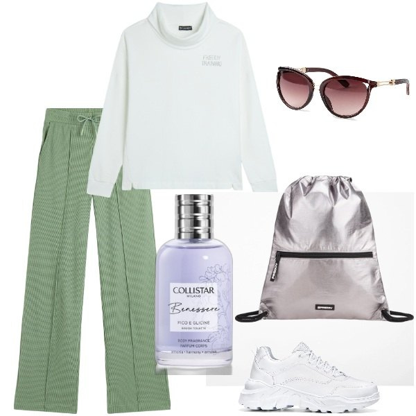 Outfit donna - A spasso per la città. Stile Basic per Tutti i giorni. Abbinamento con sneakers, occhiali da sole, profumi, felpe, pantaloni, zaini.