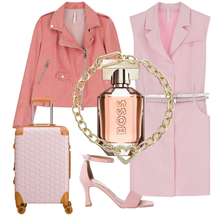 Outfit donna - Boss. Stile Chic per Tutti i giorni. Abbinamento con profumi, braccialetti, vestiti corti, giacche, sandali col tacco, valigie.