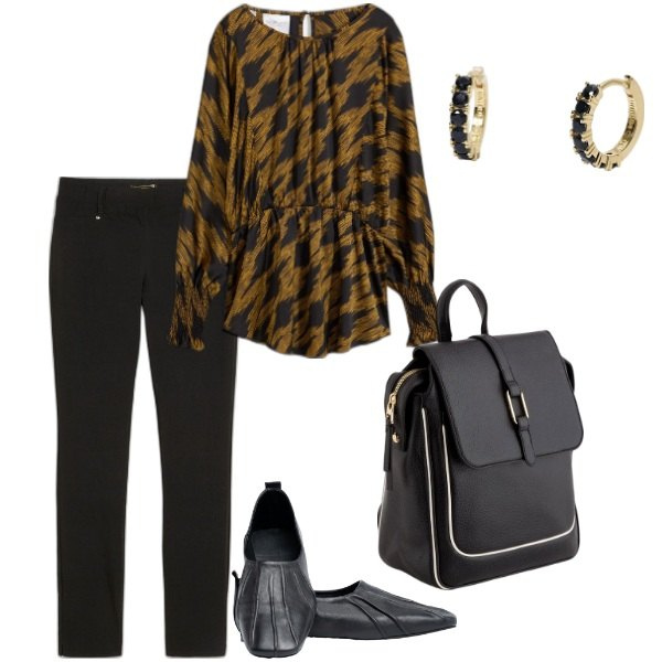 Outfit donna - A spasso per la città. Stile Trendy per Tutti i giorni. Abbinamento con pantaloni, tuniche, orecchini, ballerine, zaini.