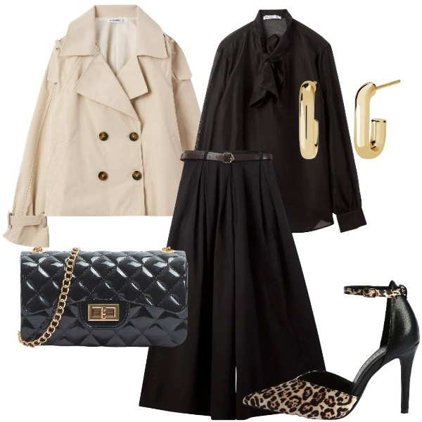 Outfit donna - Stile Senza Tempo: Completo Nero e Beige. Stile Casual chic per Serata fuori. Abbinamento con décolleté, borse a tracolla, bluse, pantaloni, trench, orecchini.