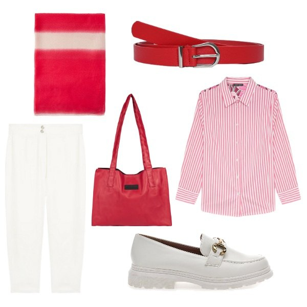 Outfit donna - Total look #2096439. Stile Casual per Ufficio. Abbinamento con cinture, shopping bag, mocassini, stole, camicie, pantaloni.