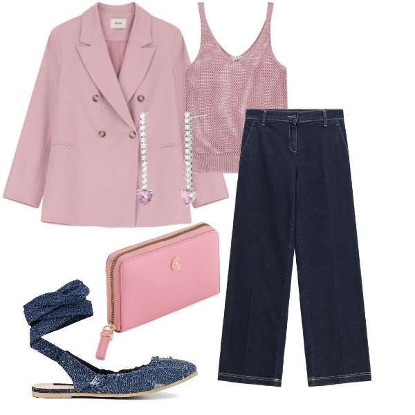 Outfit donna - Dolcezza e Stile Rosa e Jeans. Stile Romantica per Serata fuori. Abbinamento con orecchini, canottiere, jeans dritti, blazer, ballerine, portafogli.