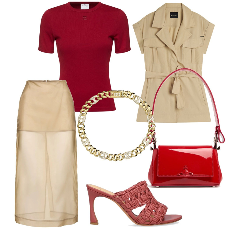 Outfit donna - Sabbia del deserto. Stile Bon Ton per Tutti i giorni. Abbinamento con braccialetti, trench, pantofole, borse a spalla, t-shirt, gonne longuette.