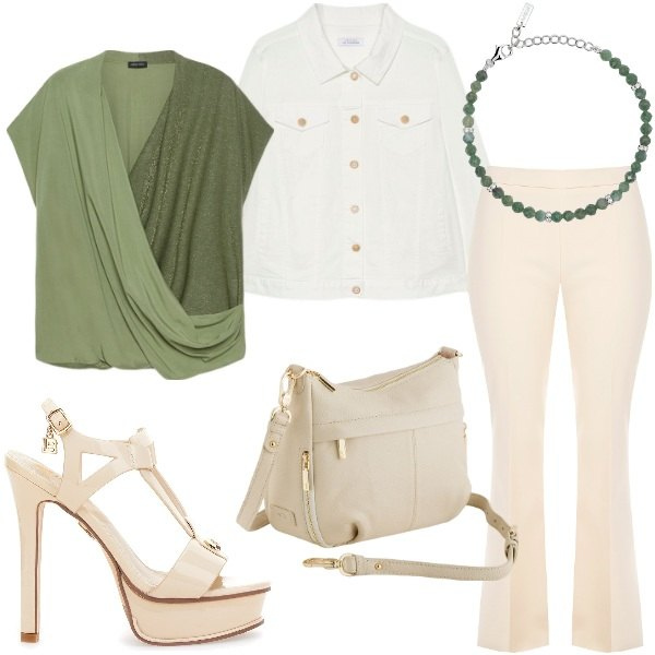 Outfit donna - I colori della rinascita. Stile Casual chic per Tutti i giorni. Abbinamento con braccialetti, pantaloni a palazzo, bluse, borse a tracolla, sandali col tacco, blazer.