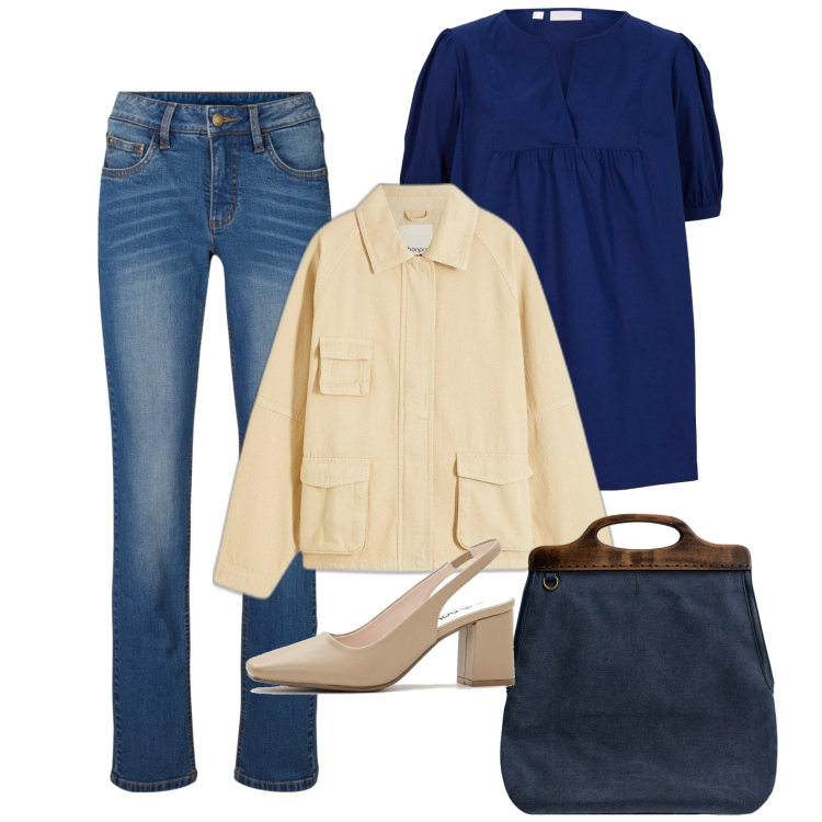 Outfit donna - La blusa blu. Stile Bon Ton per Tutti i giorni. Abbinamento con jeans dritti, blazer, bluse, décolleté, borse a tracolla.