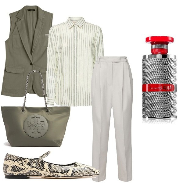 Outfit donna - Aspettando la primavera. Stile Casual chic per Serata fuori. Abbinamento con profumi, gilet, pantaloni, shopping bag, ballerine, camicie.
