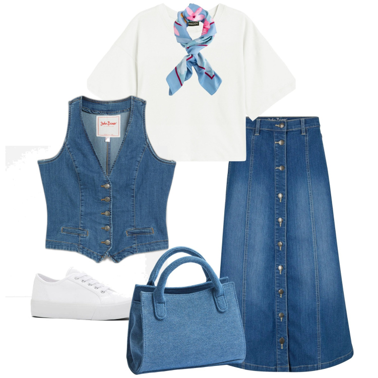 Outfit donna - Casual style. Stile Casual per Tutti i giorni. Abbinamento con gilet, gonne longuette, sneakers, borse a tracolla, t-shirt, foulard.